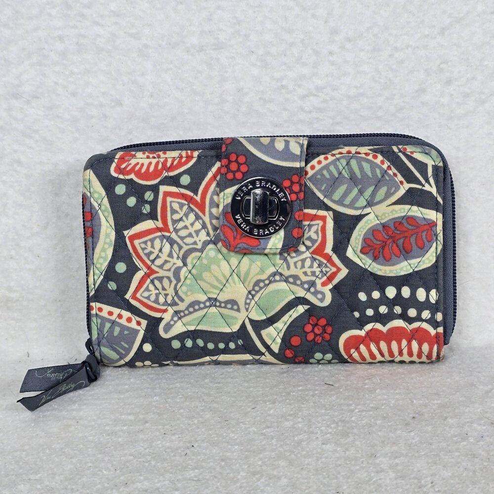 Vera Bradley Turn Lock Wallet Zip Around Quilted Red Green Grey Nomadic Floral